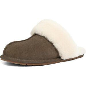 Women's Dark Brown Leather Fuzzy Winter Warm Scuff Cozy Slip On Slippers Shoes
